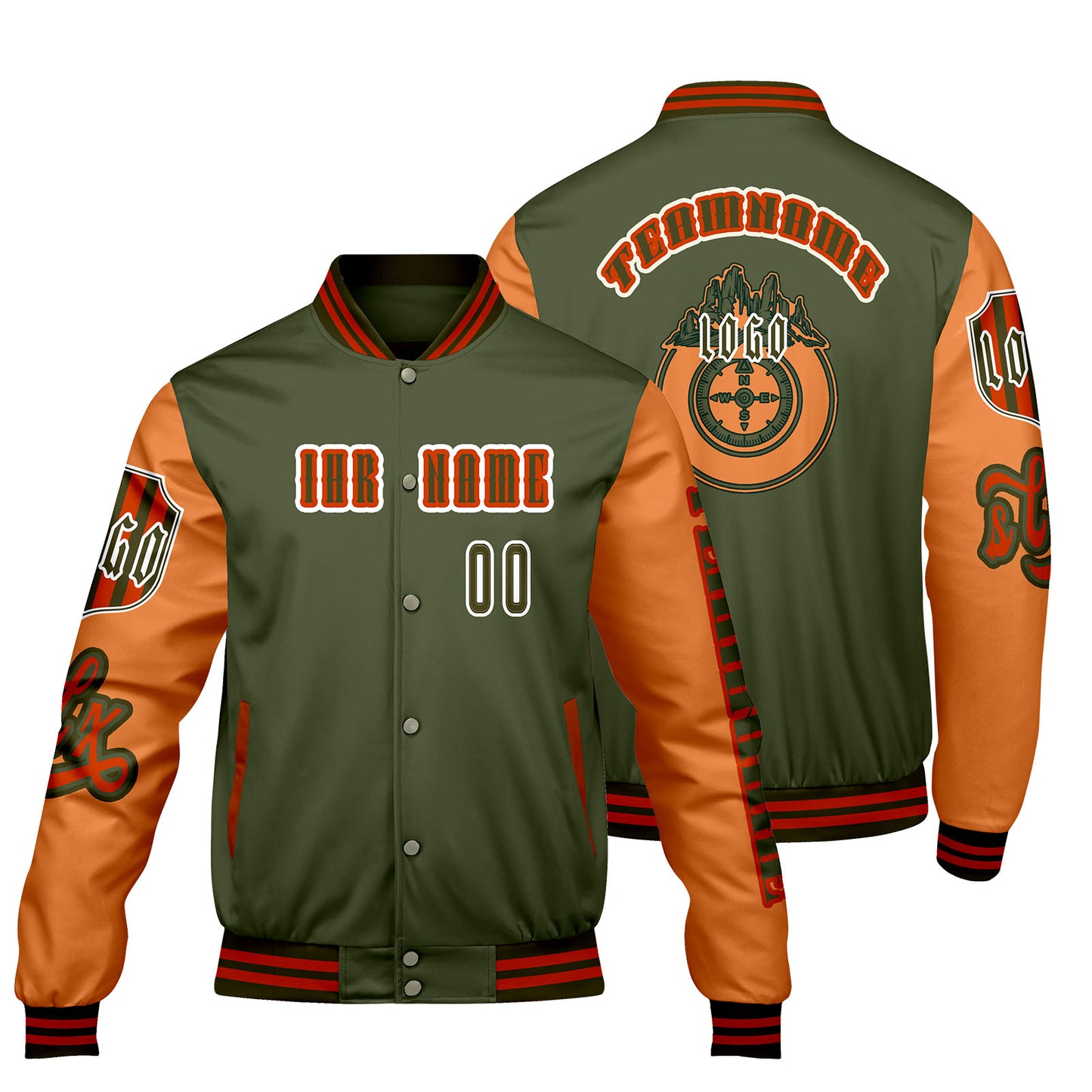 Maßgeschneiderte Grün Orange Letterman Varsity Jacket Individuelle Stickerei  Druck nach Ihrem Wunsch