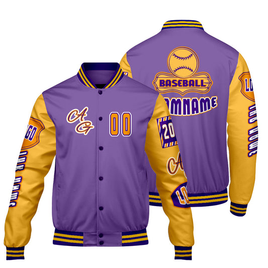 Maßgeschneiderte Lila Gelb Letterman Varsity Jacket Individuelle Stickerei  Druck nach Ihrem Wunsch