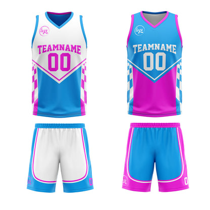 Benutzerdefinierte Blau Lichtrosa Reversible Basketball Jersey Personalisierte Print Name Nummer Logo