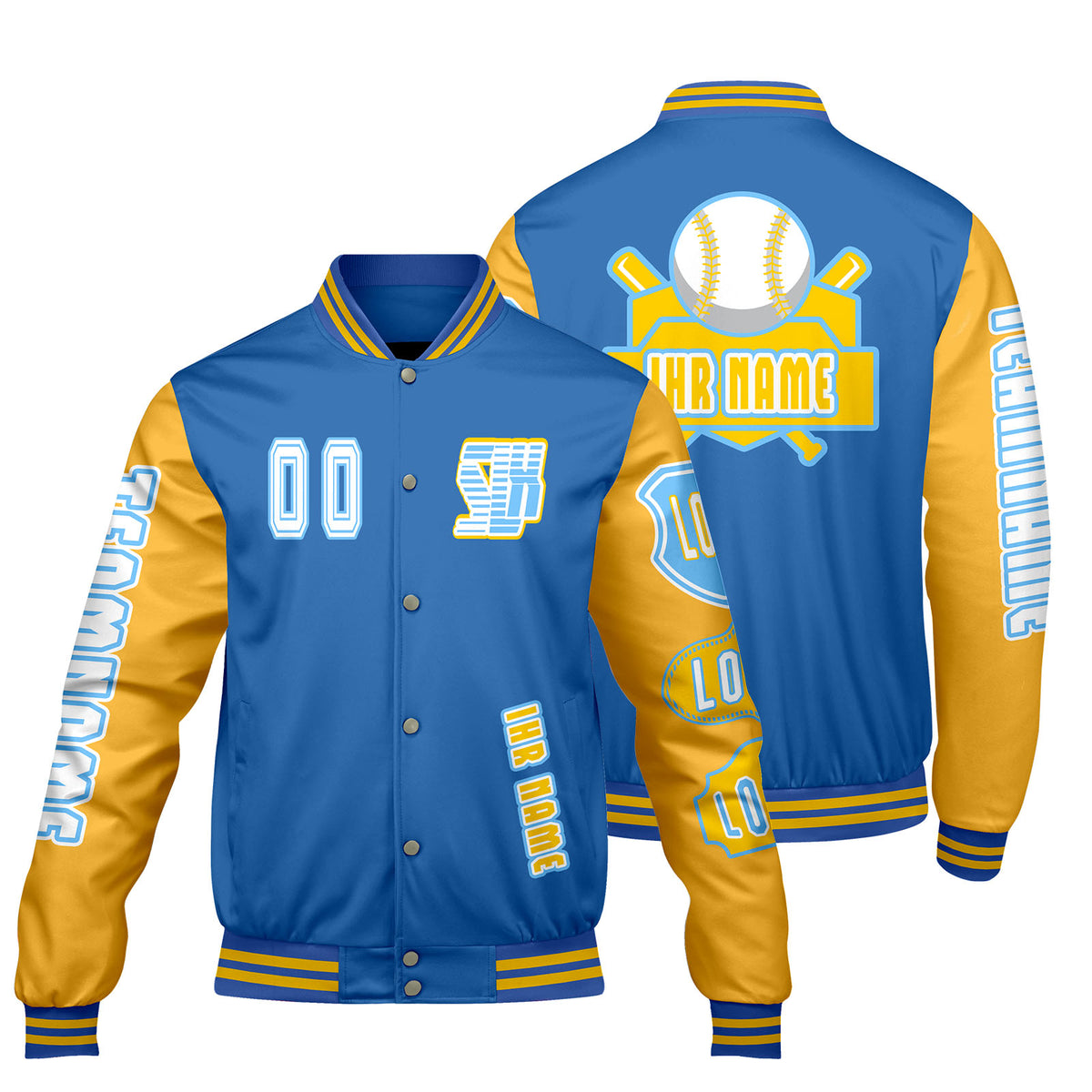 Maßgeschneiderte Blau Gelb Letterman Varsity Jacket Individuelle Stickerei  Druck nach Ihrem Wunsch