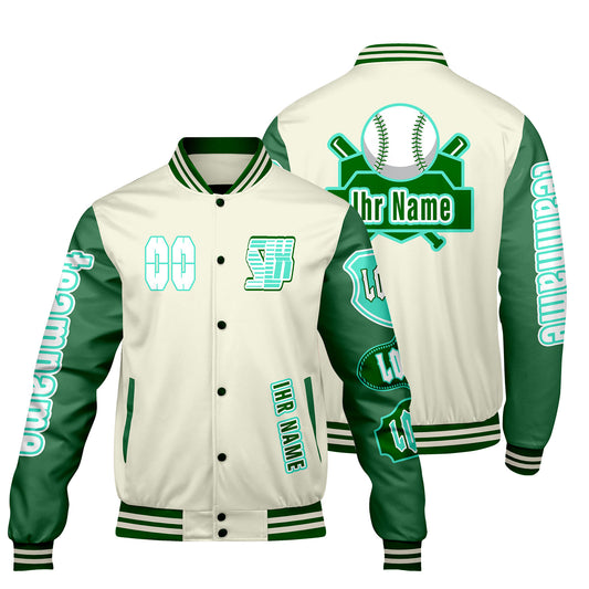 Maßgeschneiderte Weiß Grün Letterman Varsity Jacket Individuelle Stickerei  Druck nach Ihrem Wunsch