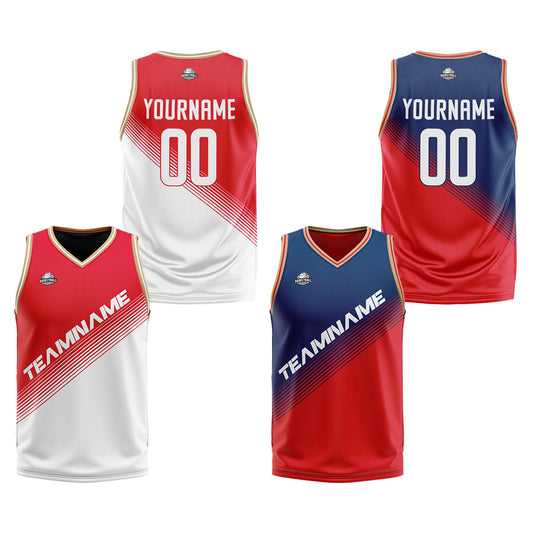 Benutzerdefinierte Rot Weiß Reversible Basketball Jersey Personalisierte Print Name Nummer Logo