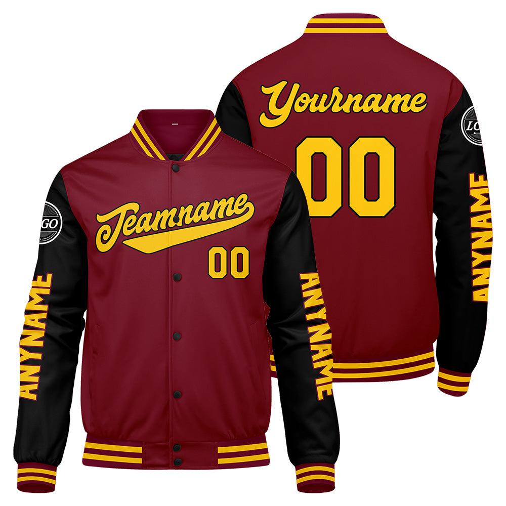 Maßgeschneiderte Crimson Schwarz Gelb Letterman Varsity Jacket Individuelle Stickerei Druck nach Ihrem Wunsch