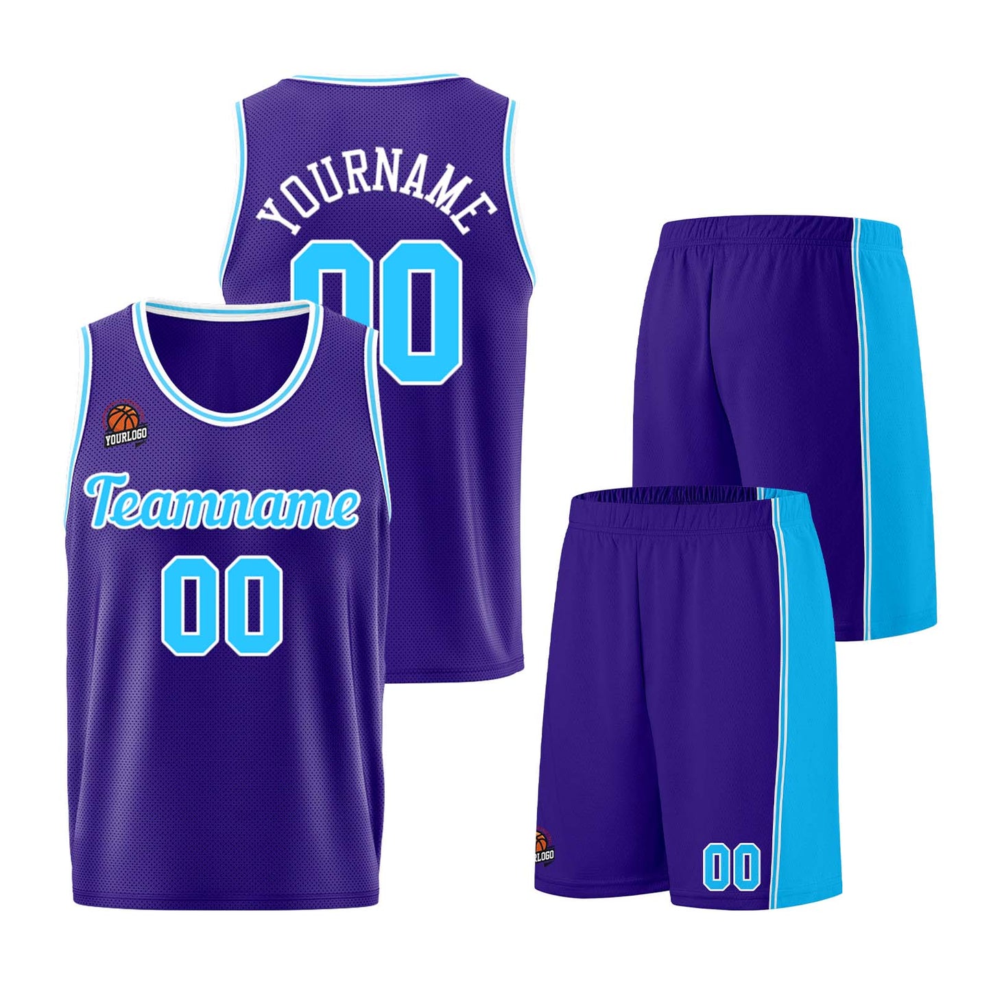 Individuelle Lila Hellblau Basketball Jersey Shorts für Männer und Frauen Gestickter und gedruckter Name, Nummer und Logo