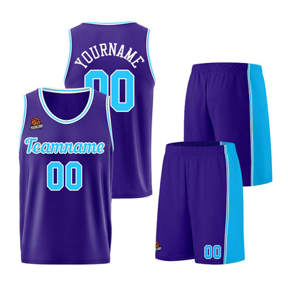 Individuelle Lila Hellblau Basketball Jersey Shorts für Männer und Frauen Gestickter und gedruckter Name, Nummer und Logo