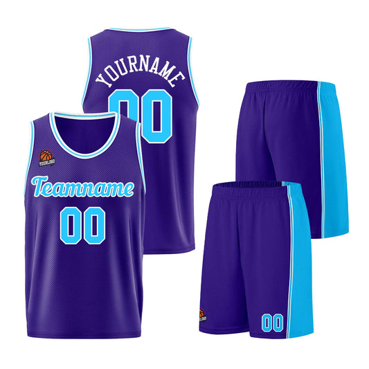 Individuelle Lila Hellblau Basketball Jersey Shorts für Männer und Frauen Gestickter und gedruckter Name, Nummer und Logo