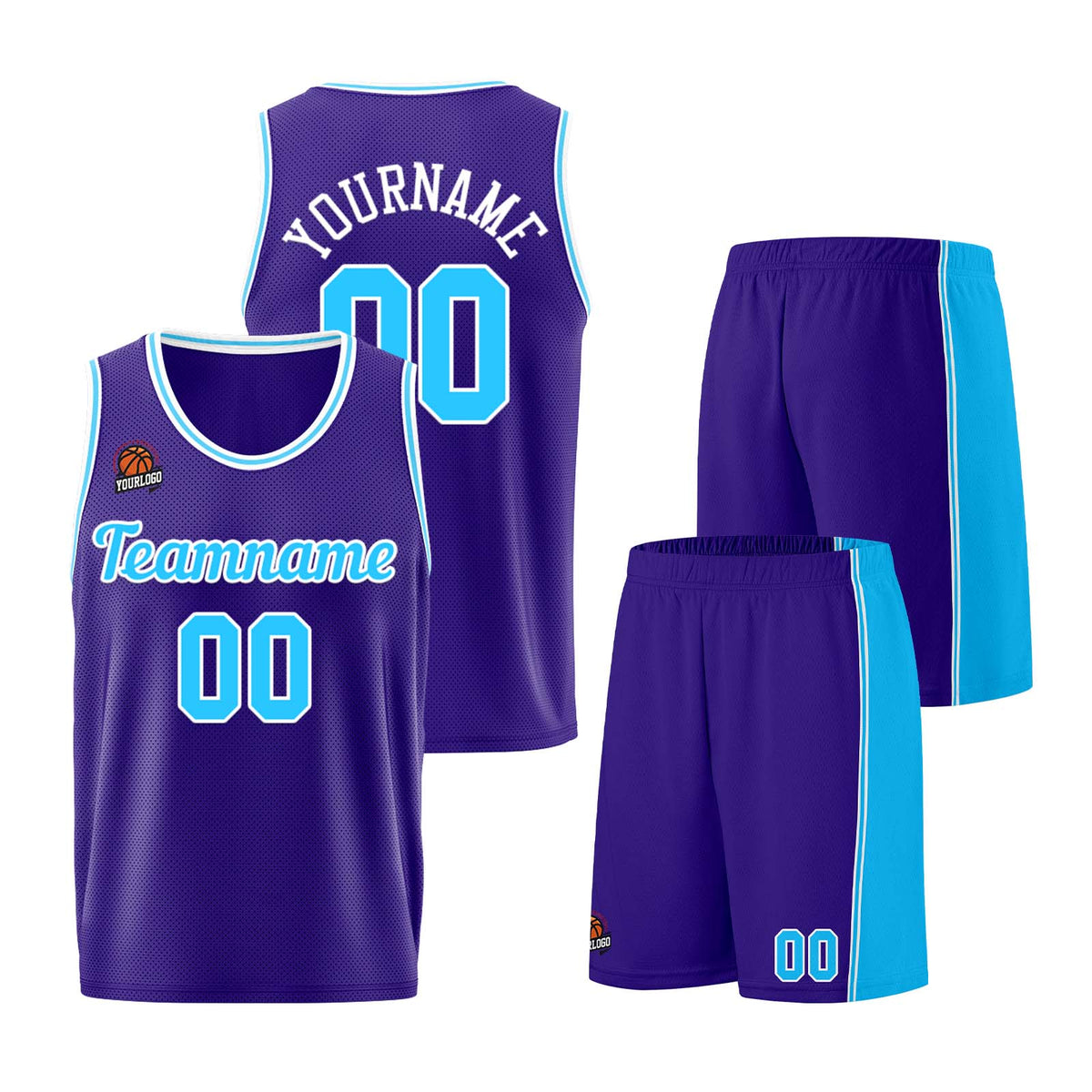 Individuelle Lila Hellblau Basketball Jersey Shorts für Männer und Frauen Gestickter und gedruckter Name, Nummer und Logo