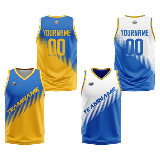 Benutzerdefinierte Blau Gelb Reversible Basketball Jersey Personalisierte Print Name Nummer Logo
