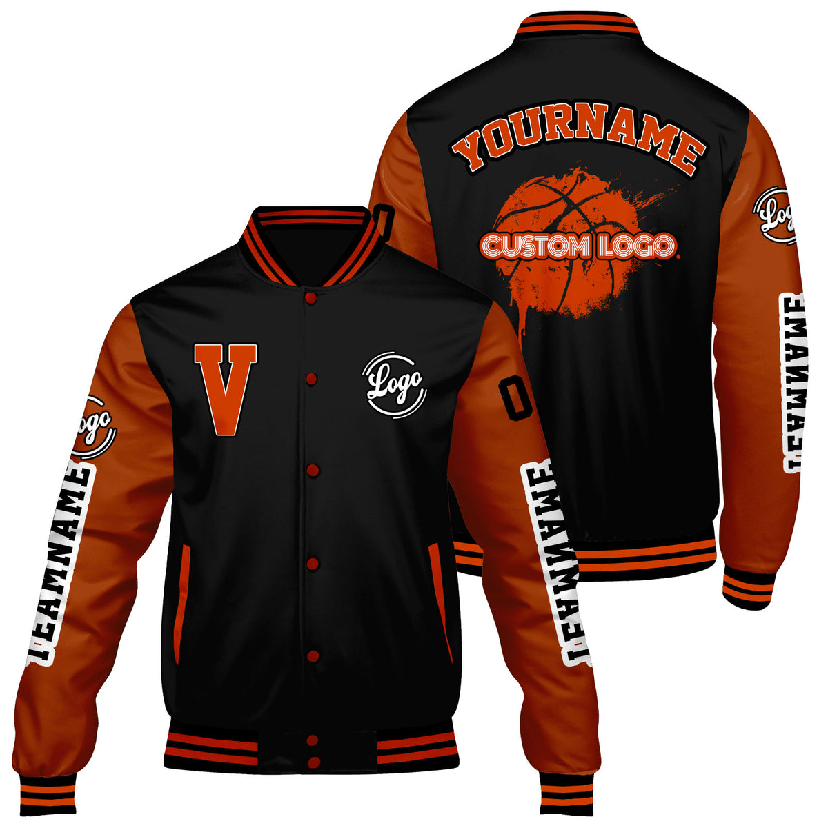 Maßgeschneiderte Schwarzes Langweilig Orange Letterman Varsity Jacket Individuelle Stickerei Druck nach Ihrem Wunsch