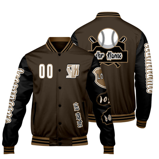 Maßgeschneiderte Braun Schwarz Letterman Varsity Jacket Individuelle Stickerei  Druck nach Ihrem Wunsch