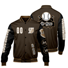 Maßgeschneiderte Braun Schwarz Letterman Varsity Jacket Individuelle Stickerei  Druck nach Ihrem Wunsch