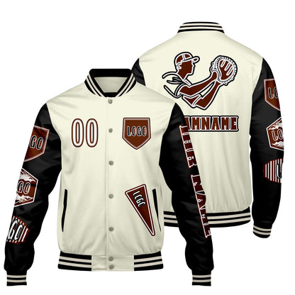 Maßgeschneiderte Weiß Schwarz Letterman Varsity Jacket Individuelle Stickerei  Druck nach Ihrem Wunsch