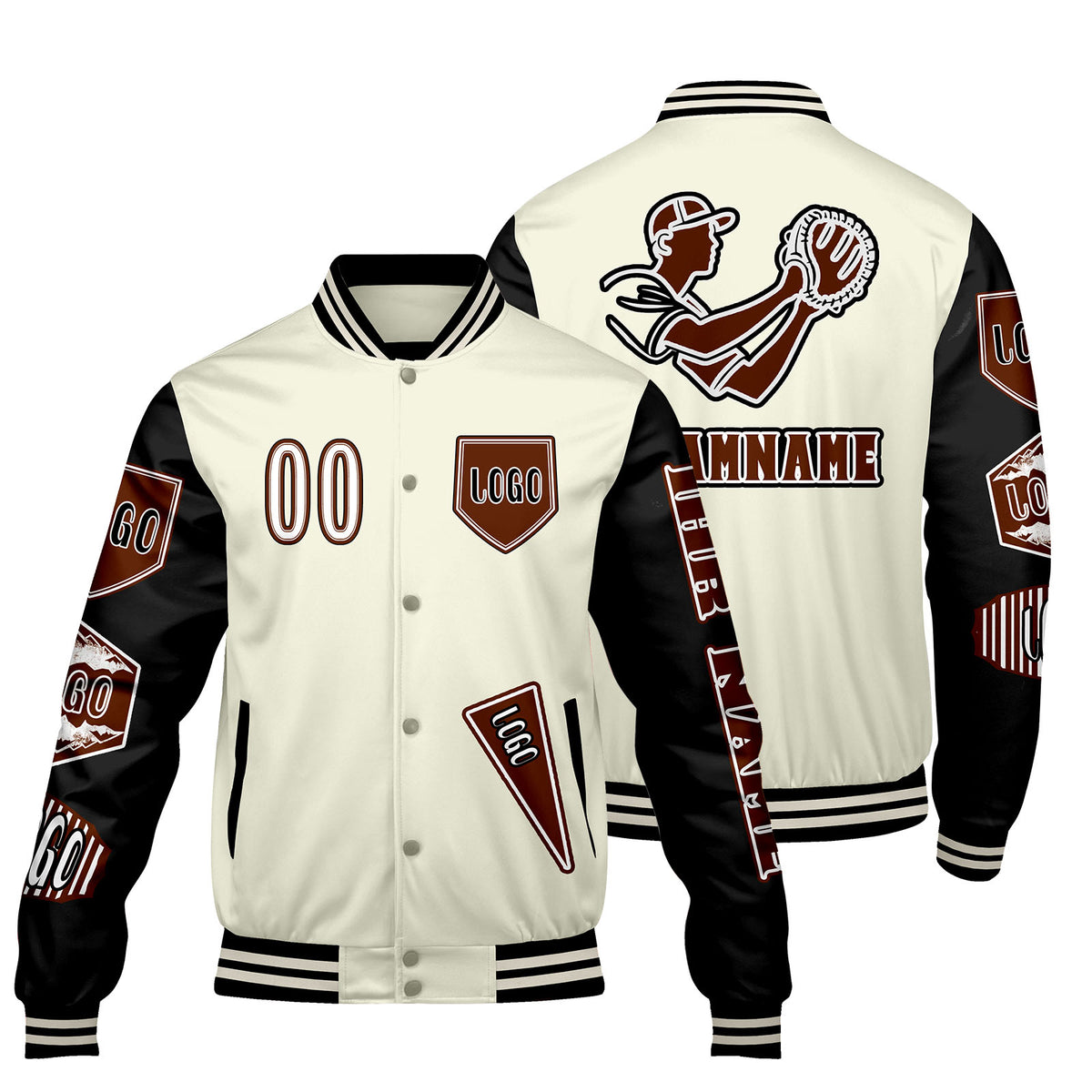 Maßgeschneiderte Weiß Schwarz Letterman Varsity Jacket Individuelle Stickerei  Druck nach Ihrem Wunsch