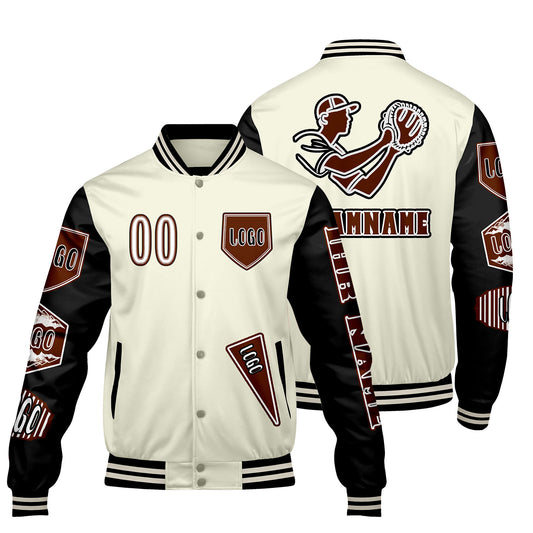 Maßgeschneiderte Weiß Schwarz Letterman Varsity Jacket Individuelle Stickerei  Druck nach Ihrem Wunsch
