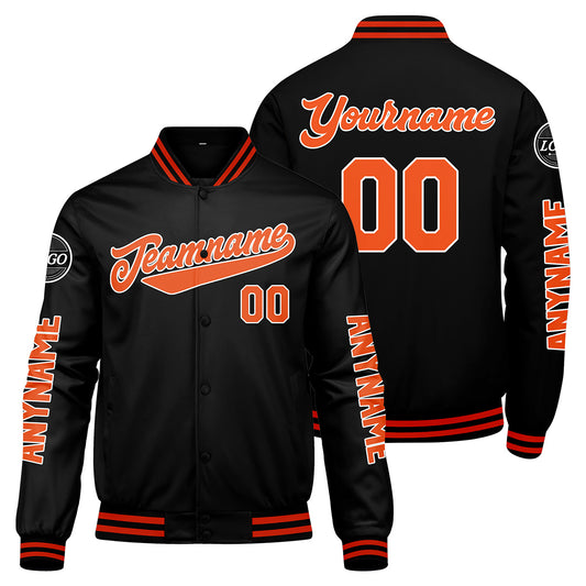 Maßgeschneiderte Schwarz Orange Letterman Varsity Jacket Individuelle Stickerei Druck nach Ihrem Wunsch