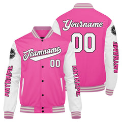 Maßgeschneiderte Rosa Weiß Letterman Varsity Jacket Individuelle Stickerei Druck nach Ihrem Wunsch