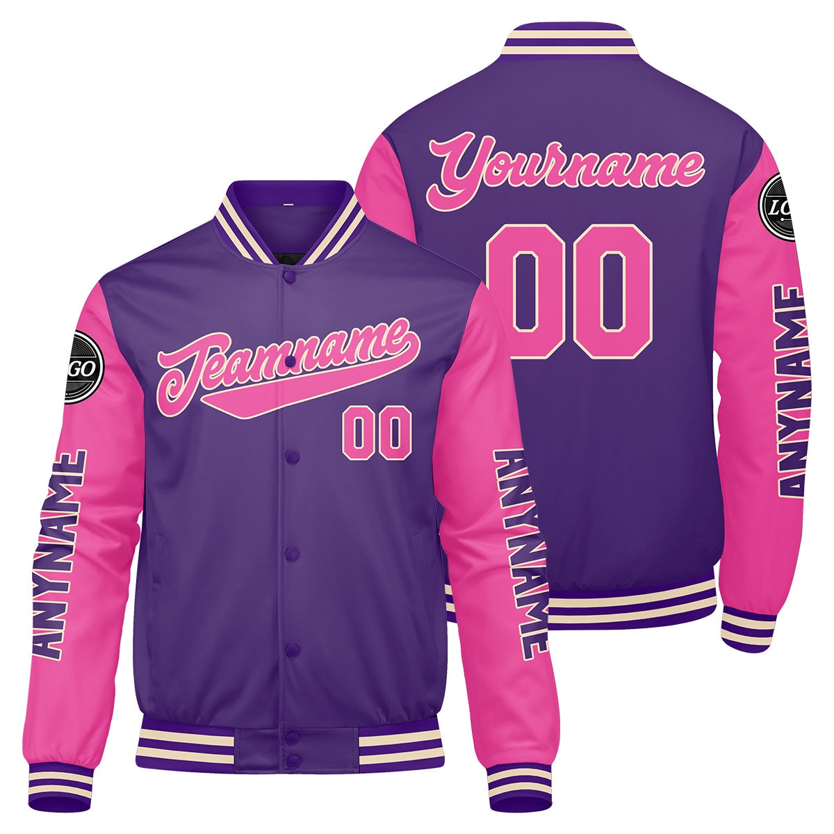 Maßgeschneiderte Lila Rosa Letterman Varsity Jacket Individuelle Stickerei Druck nach Ihrem Wunsch