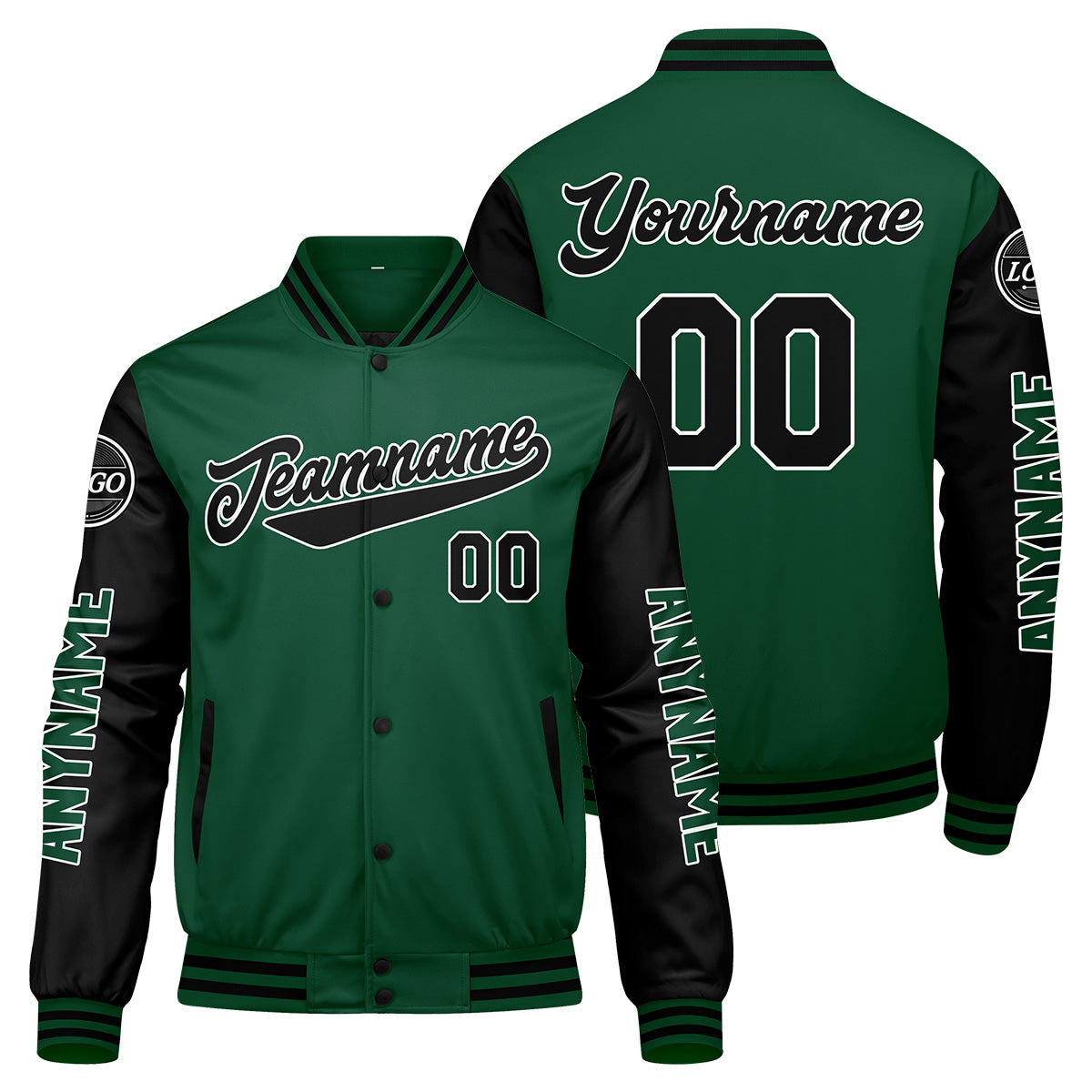 Maßgeschneiderte Grün Schwarz Letterman Varsity Jacket Individuelle Stickerei Druck nach Ihrem Wunsch