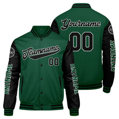 Maßgeschneiderte Grün Schwarz Letterman Varsity Jacket Individuelle Stickerei Druck nach Ihrem Wunsch