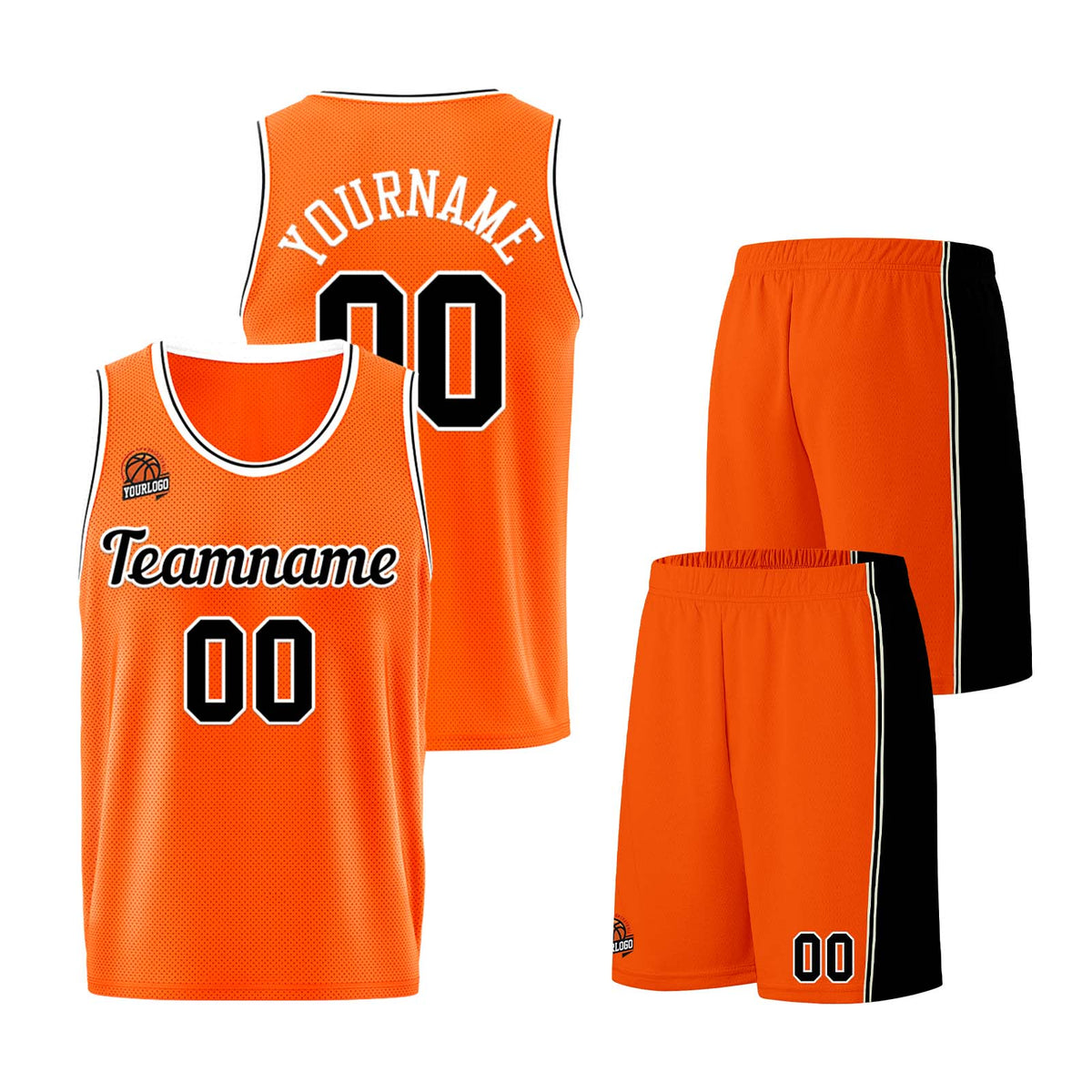 Individuelle Orange-Schwarz Basketball Jersey Shorts für Männer und Frauen Gestickter und gedruckter Name, Nummer und Logo
