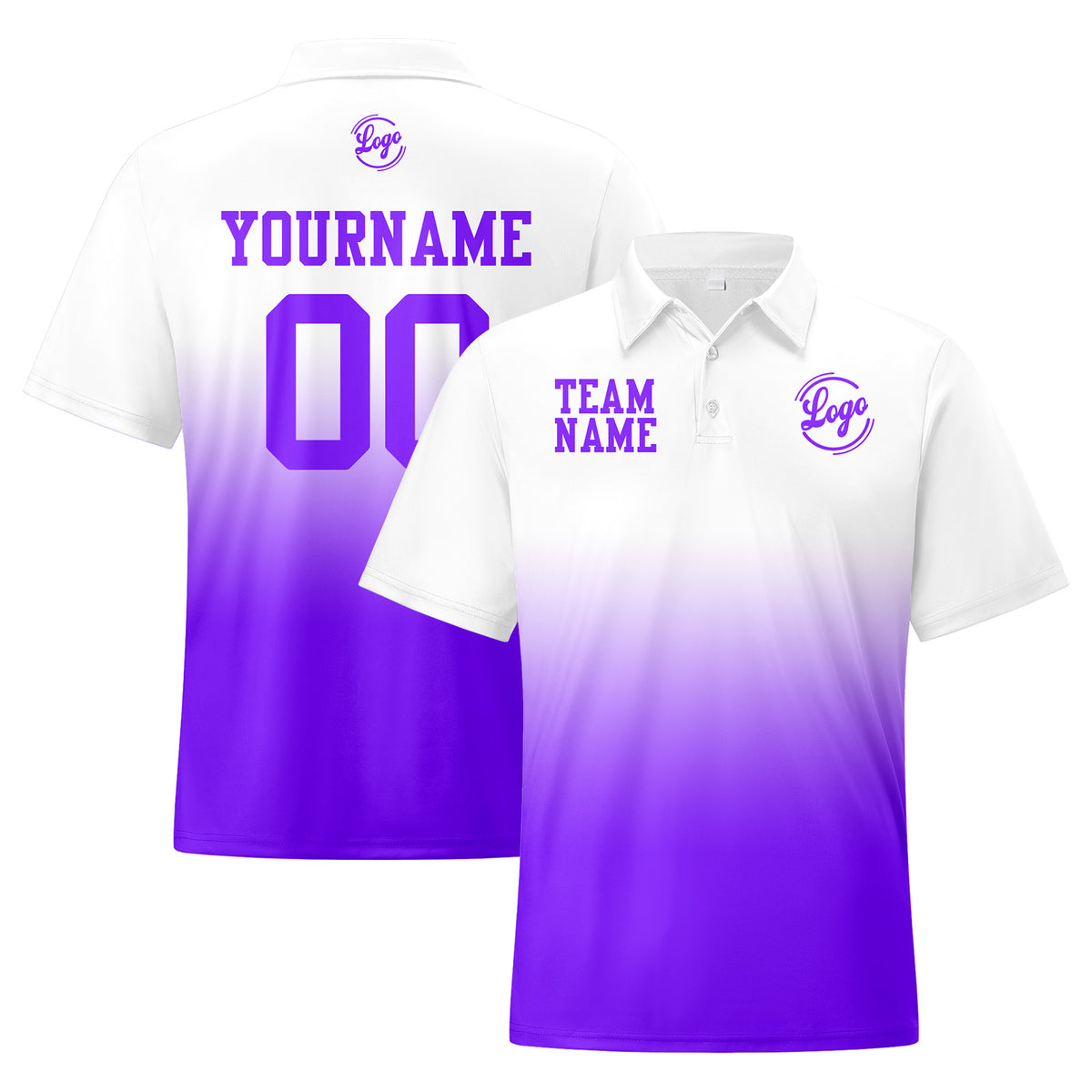 Benutzerdefinierte Weiß Lila Fußball Gradient Polo-Shirts Fügen Sie Ihr Einzigartiges hinzu Logo/Name/Nummer