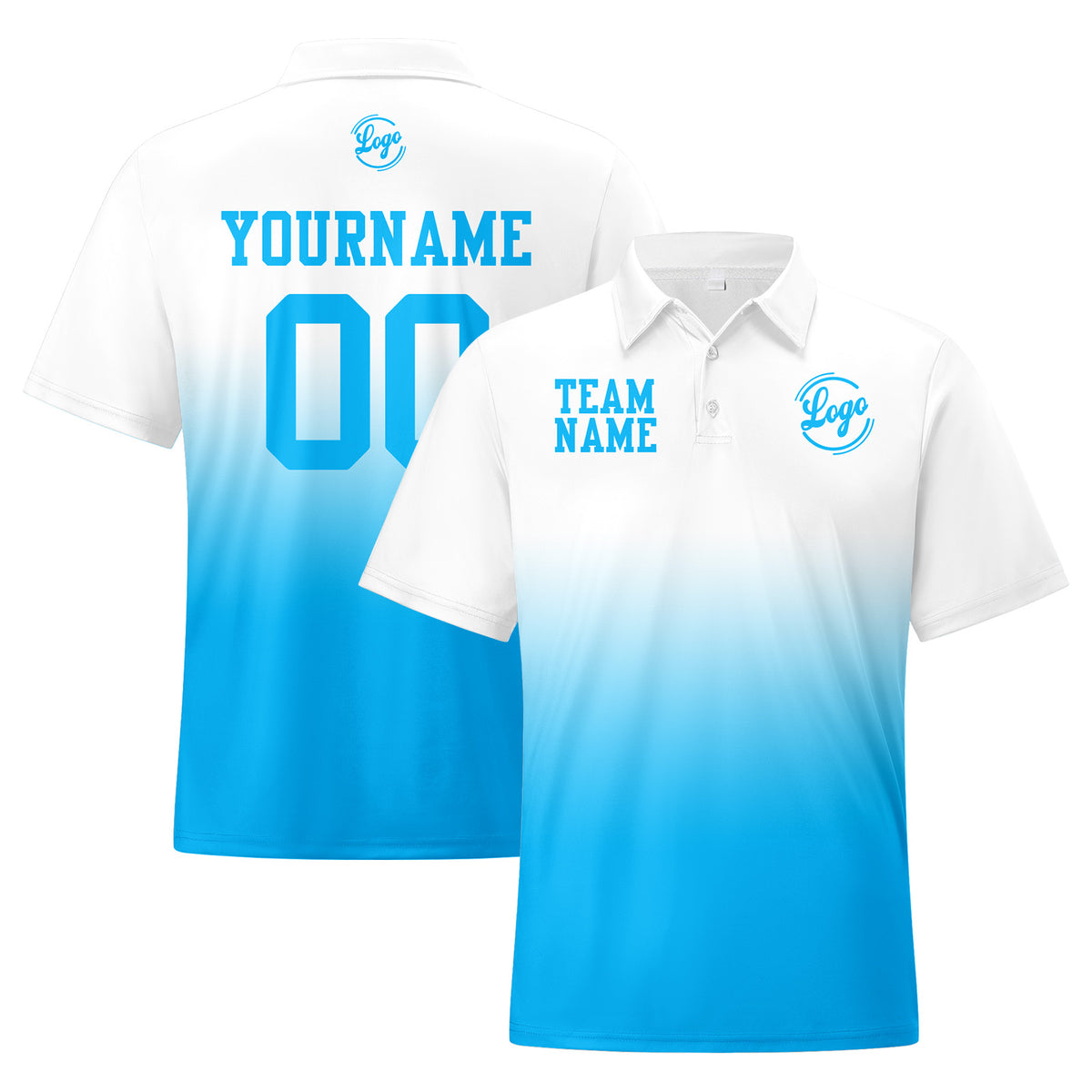Benutzerdefinierte Weiß Blau Fußball Gradient Polo-Shirts Fügen Sie Ihr Einzigartiges hinzu Logo/Name/Nummer