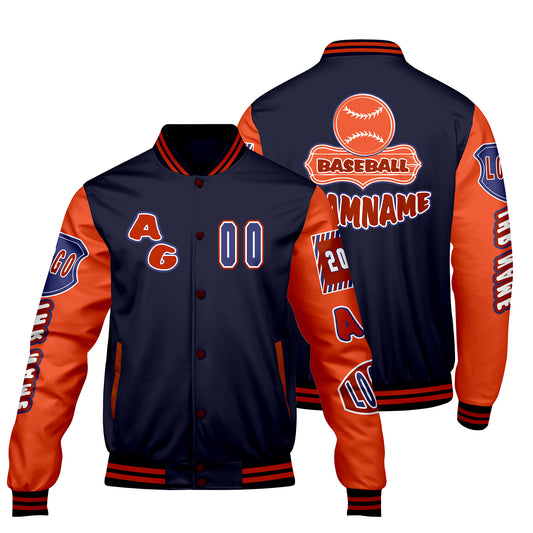 Maßgeschneiderte Marine Orange Letterman Varsity Jacket Individuelle Stickerei  Druck nach Ihrem Wunsch