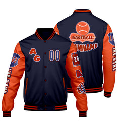 Maßgeschneiderte Marine Orange Letterman Varsity Jacket Individuelle Stickerei  Druck nach Ihrem Wunsch