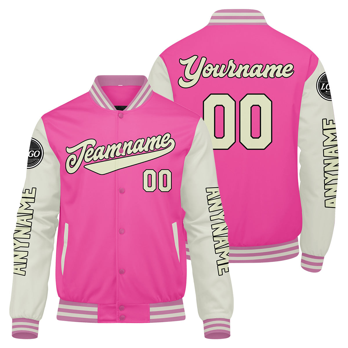 Maßgeschneiderte Rosa Creme Letterman Varsity Jacket Individuelle Stickerei Druck nach Ihrem Wunsch