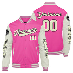 Maßgeschneiderte Rosa Creme Letterman Varsity Jacket Individuelle Stickerei Druck nach Ihrem Wunsch