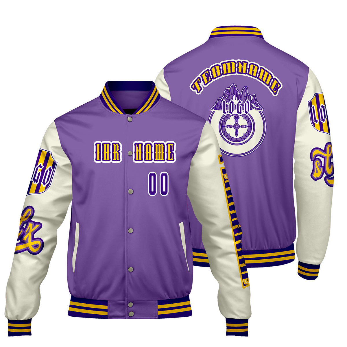 Maßgeschneiderte Lila Weiß Letterman Varsity Jacket Individuelle Stickerei  Druck nach Ihrem Wunsch