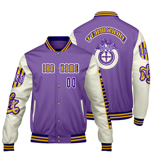 Maßgeschneiderte Lila Weiß Letterman Varsity Jacket Individuelle Stickerei  Druck nach Ihrem Wunsch