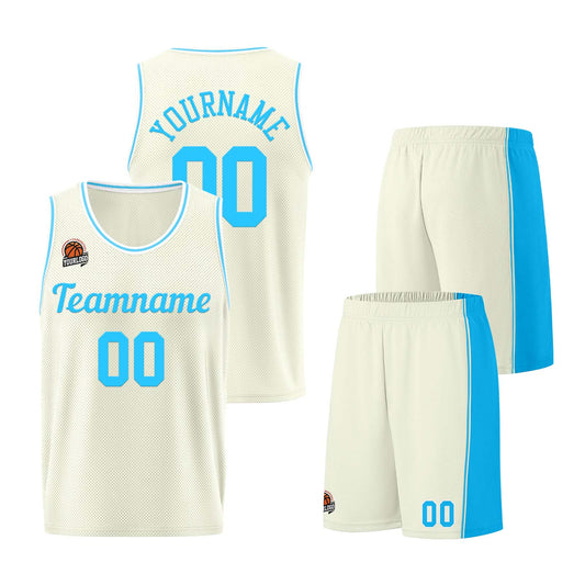 Individuelle Creme-Hellblau Basketball Jersey Shorts für Männer und Frauen Gestickter und gedruckter Name, Nummer und Logo