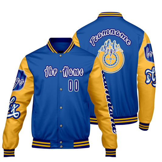 Maßgeschneiderte Blau Gelb Letterman Varsity Jacket Individuelle Stickerei  Druck nach Ihrem Wunsch
