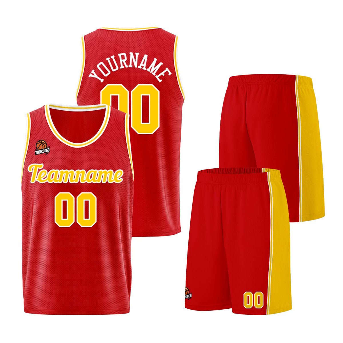 Individuelle Rot Gelb Basketball Jersey Shorts für Männer und Frauen Gestickter und gedruckter Name, Nummer und Logo