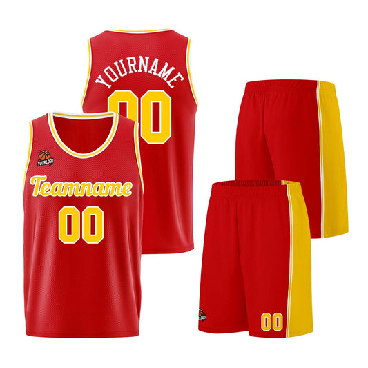 Individuelle Rot Gelb Basketball Jersey Shorts für Männer und Frauen Gestickter und gedruckter Name, Nummer und Logo