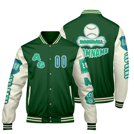 Maßgeschneiderte Grün Weiß Letterman Varsity Jacket Individuelle Stickerei  Druck nach Ihrem Wunsch