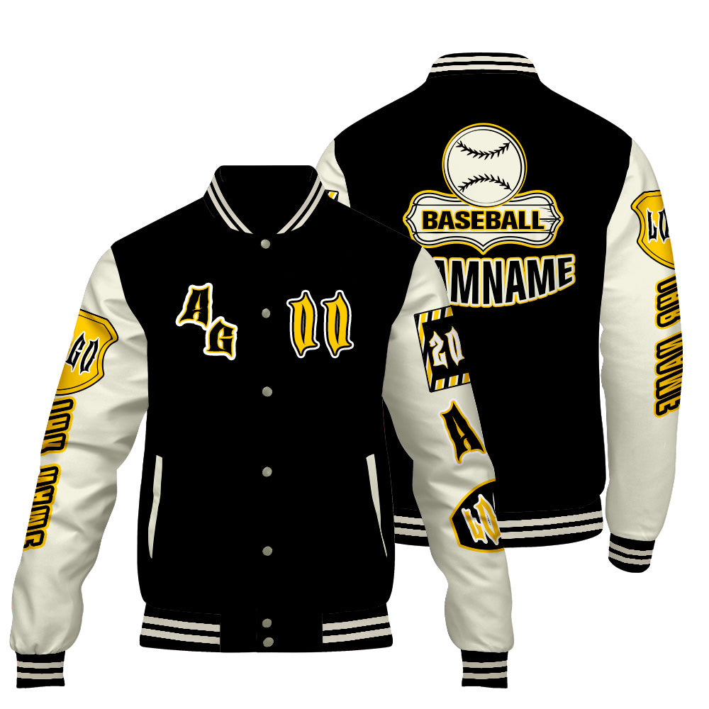 Maßgeschneiderte Schwarz Gelb Letterman Varsity Jacket Individuelle Stickerei  Druck nach Ihrem Wunsch