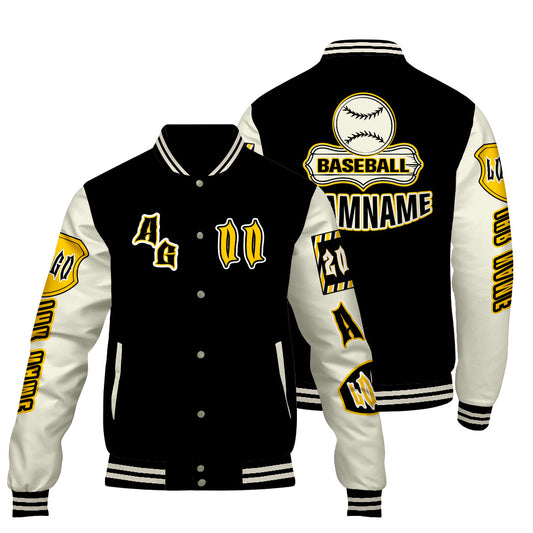 Maßgeschneiderte Schwarz Gelb Letterman Varsity Jacket Individuelle Stickerei  Druck nach Ihrem Wunsch