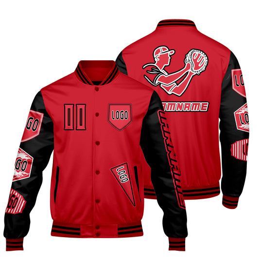Maßgeschneiderte Rot Schwarz Letterman Varsity Jacket Individuelle Stickerei  Druck nach Ihrem Wunsch