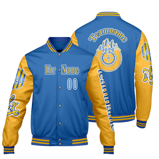 Maßgeschneiderte Blau Gelb Letterman Varsity Jacket Individuelle Stickerei  Druck nach Ihrem Wunsch
