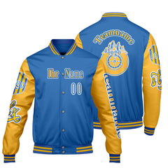 Maßgeschneiderte Blau Gelb Letterman Varsity Jacket Individuelle Stickerei  Druck nach Ihrem Wunsch