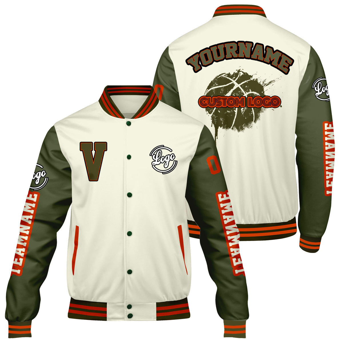 Maßgeschneiderte Creme Olivengrün Letterman Varsity Jacket Individuelle Stickerei Druck nach Ihrem Wunsch