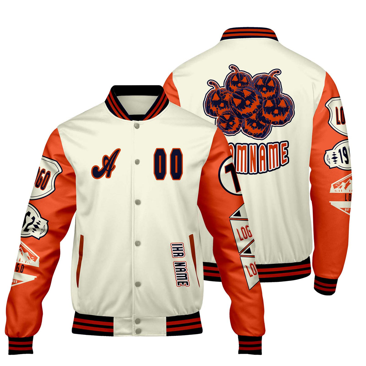 Maßgeschneiderte Weiß Orange Letterman Varsity Jacket Individuelle Stickerei  Druck nach Ihrem Wunsch