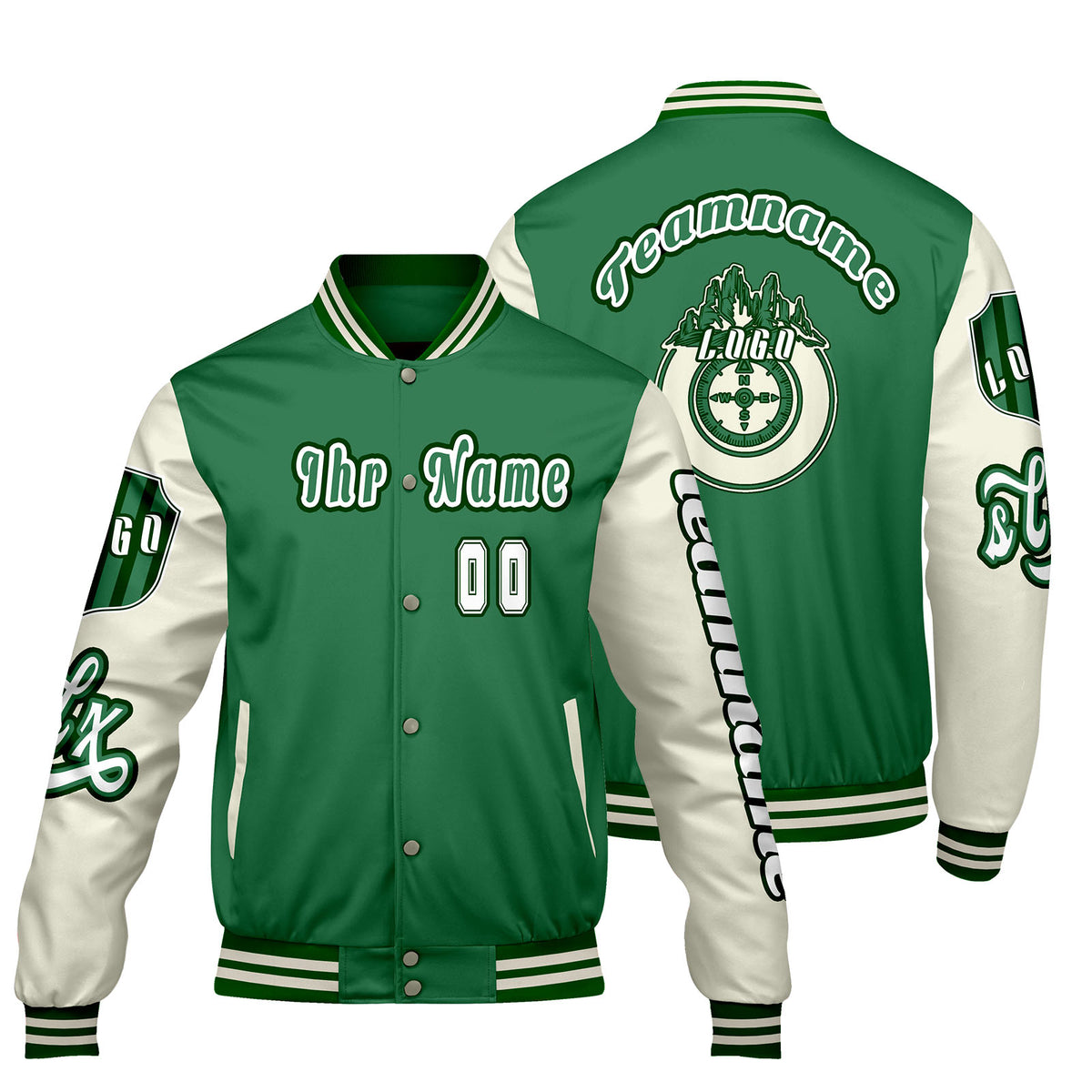 Maßgeschneiderte Grün Weiß Letterman Varsity Jacket Individuelle Stickerei  Druck nach Ihrem Wunsch