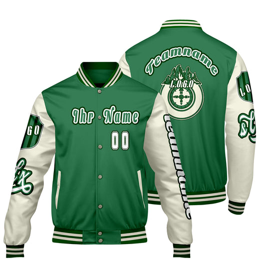 Maßgeschneiderte Grün Weiß Letterman Varsity Jacket Individuelle Stickerei  Druck nach Ihrem Wunsch