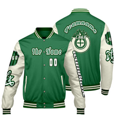 Maßgeschneiderte Grün Weiß Letterman Varsity Jacket Individuelle Stickerei  Druck nach Ihrem Wunsch