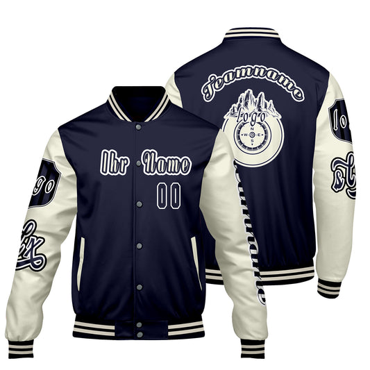 Maßgeschneiderte Marine Weiß Letterman Varsity Jacket Individuelle Stickerei  Druck nach Ihrem Wunsch