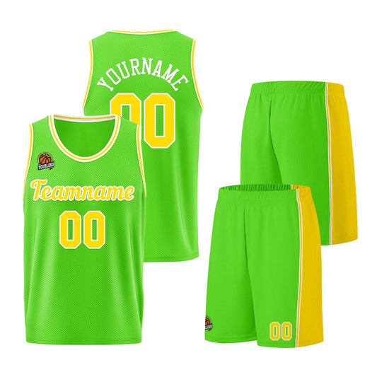 Individuelle Neongrün-Gelb Basketball Jersey Shorts für Männer und Frauen Gestickter und gedruckter Name, Nummer und Logo