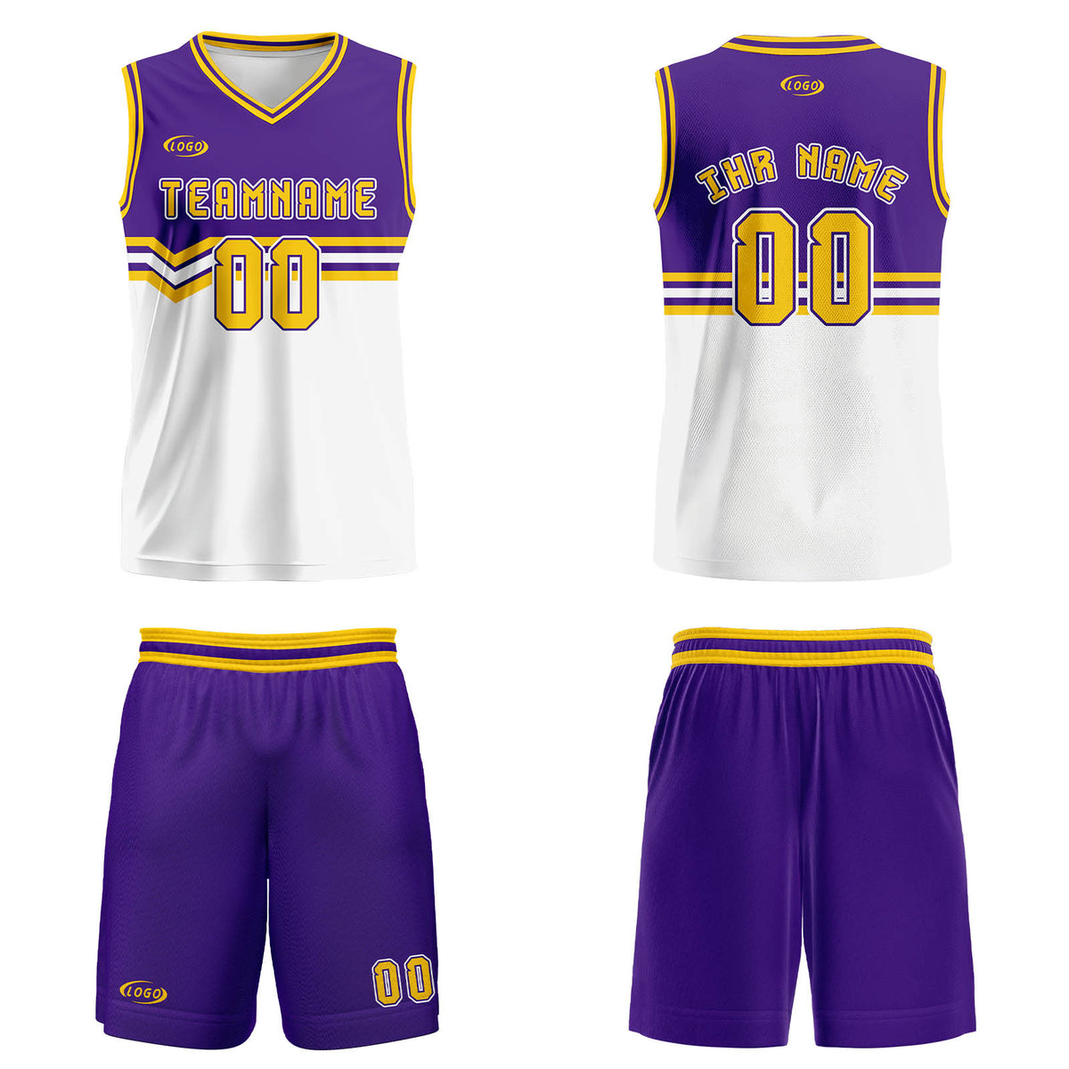 Benutzerdefinierter Lila Weiß Gelb Basketball Jersey Uniform Anzug gedruckt Ihr Logo Name Nummer